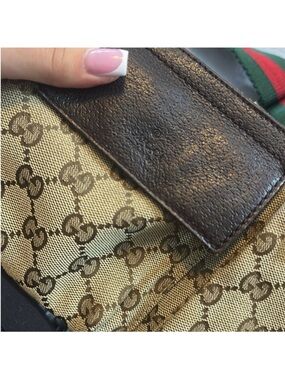 Gucci Brown and Beige GG Monogram Canvas Shoulder Bag with Green-Red Web